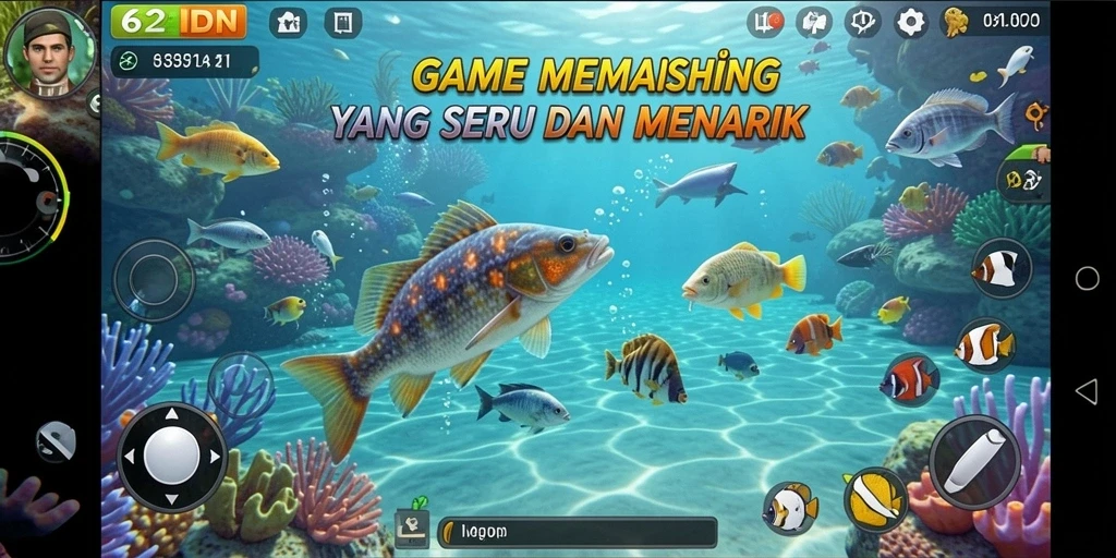 Tampilan gameplay 62IDN menampilkan momen menangkap ikan yang menegangkan.