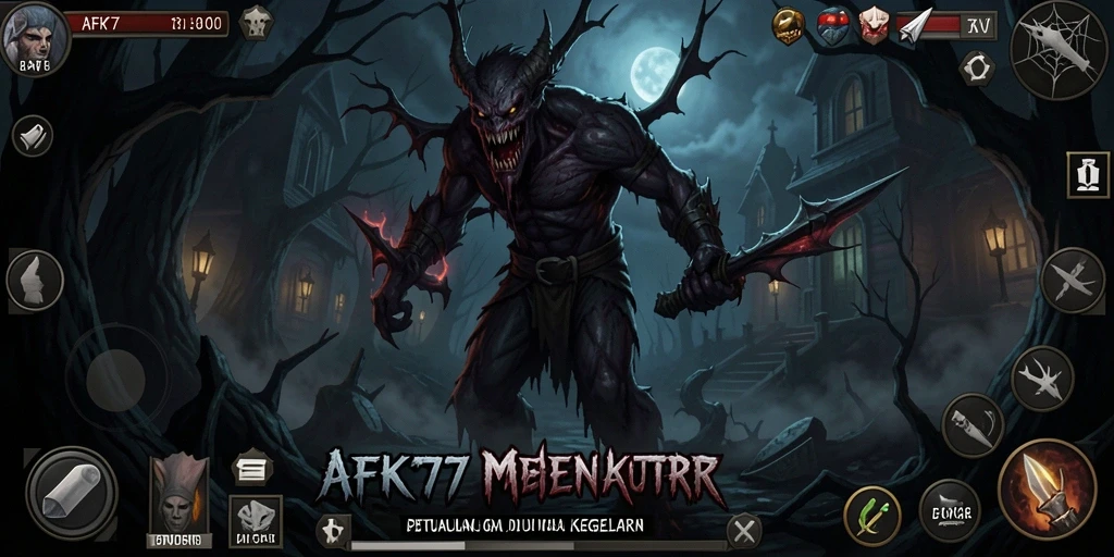 Tangkapan layar gameplay AFK77 dengan suasana menakutkan dan kegelapan.