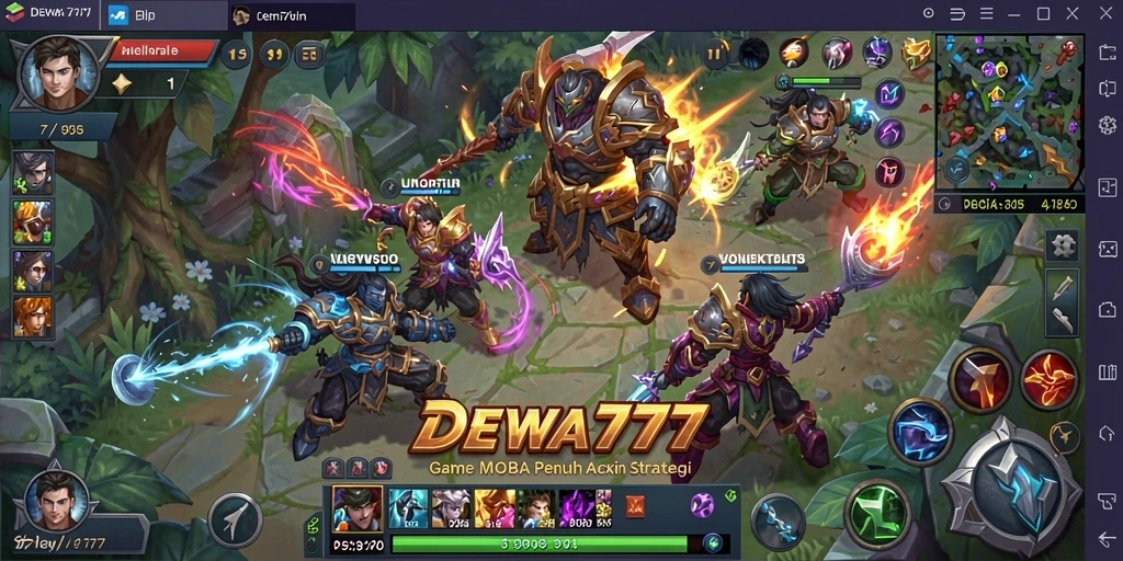 Screenshot gameplay DEWA777 yang menampilkan pertarungan seru antar karakter MOBA.