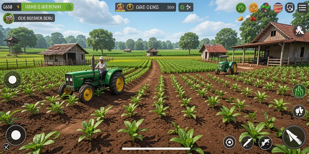 Tampilan gameplay G668 yang menampilkan lahan pertanian yang subur dan hewan ternak.
