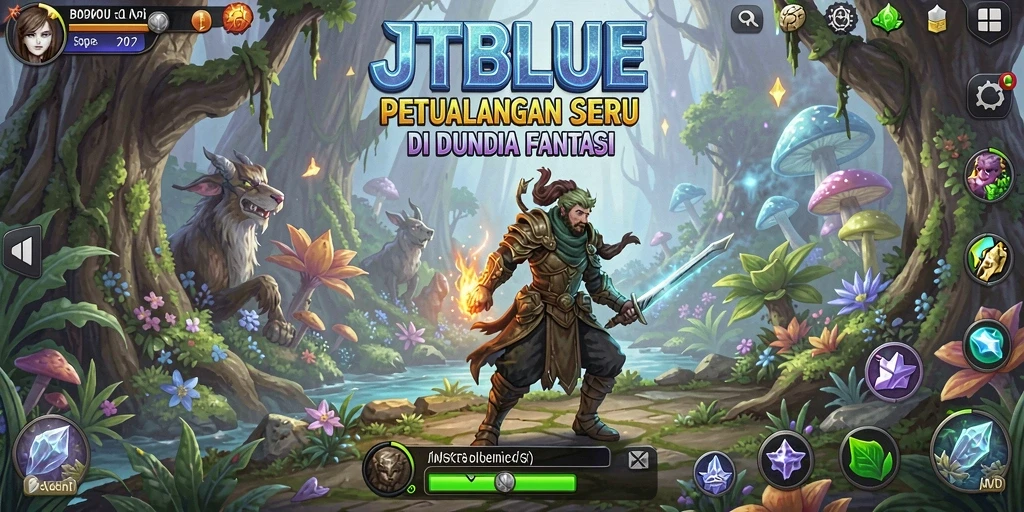 Tangkapan layar dari gameplay <strong>JTBLUE</strong> menunjukkan aksi petualangan seru di dunia fantasi.