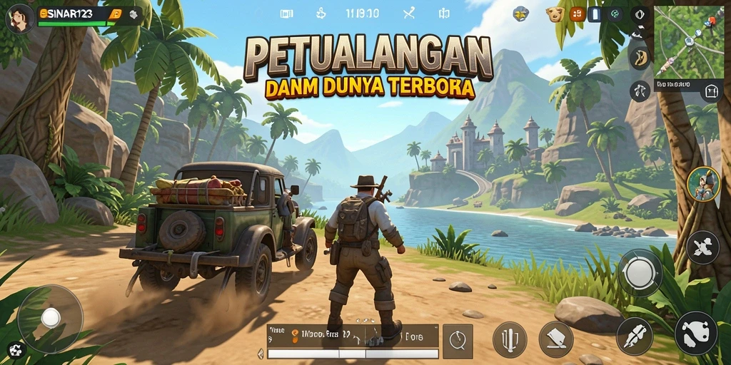 Screenshot utama SINAR123 menunjukkan pemain menjelajahi pemandangan indah dunia Open World.