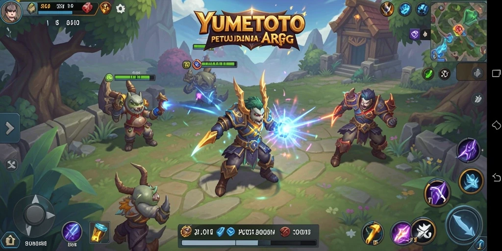 Screenshot gameplay YUMETOTO dengan karakter bertarung di dunia fantasi.